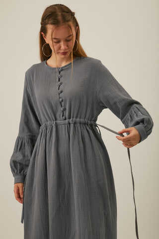 Buttoned Muslin Dress Anthracite - 5