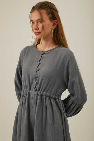Buttoned Muslin Dress Anthracite - 6