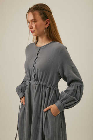 Buttoned Muslin Dress Anthracite - 7