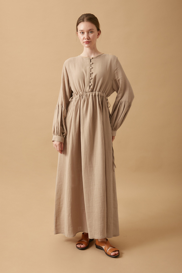 Buttoned Muslin Dress Beige 