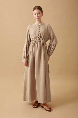 Buttoned Muslin Dress Beige - 1