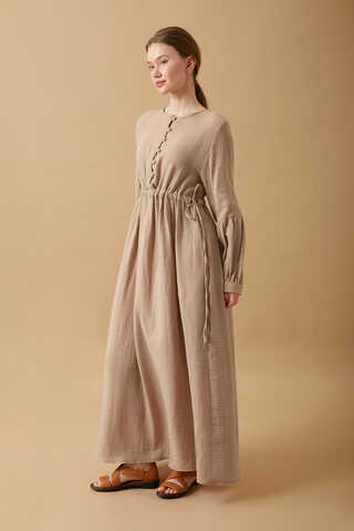 Buttoned Muslin Dress Beige - 5