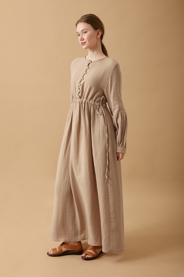Buttoned Muslin Dress Beige - 5