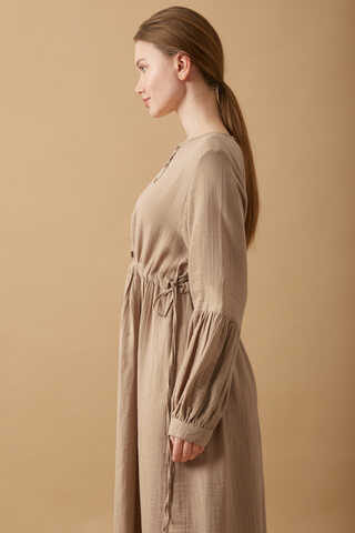 Buttoned Muslin Dress Beige - 7