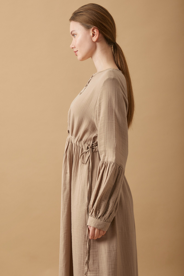 Buttoned Muslin Dress Beige - 7