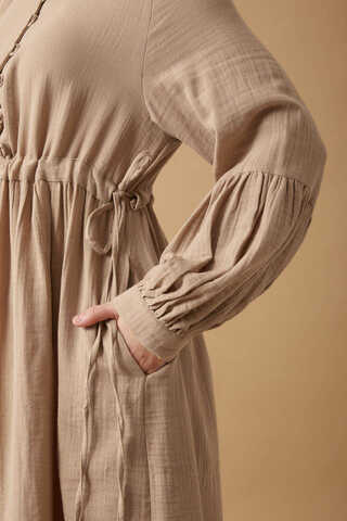 Buttoned Muslin Dress Beige - 9
