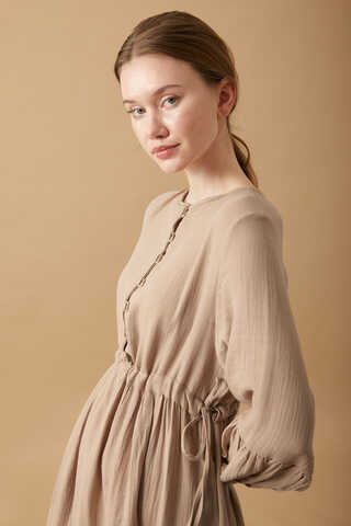 Buttoned Muslin Dress Beige - 6