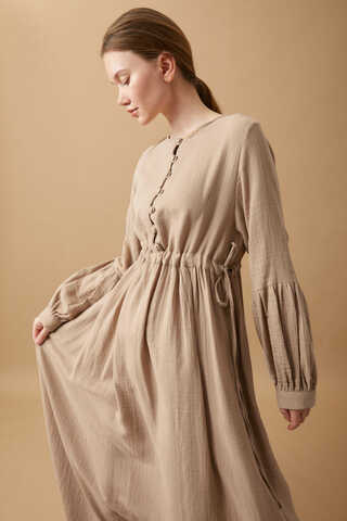 Buttoned Muslin Dress Beige - 2