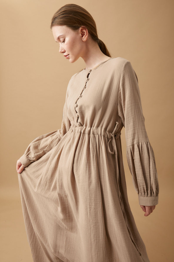 Buttoned Muslin Dress Beige - 2
