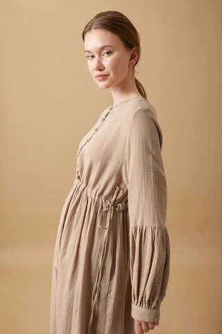 Buttoned Muslin Dress Beige - 10