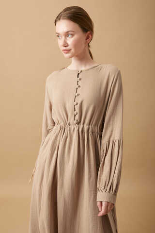 Buttoned Muslin Dress Beige - 4