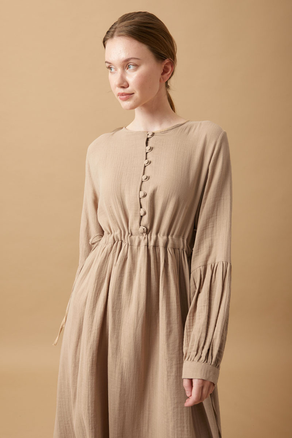 Buttoned Muslin Dress Beige - 4
