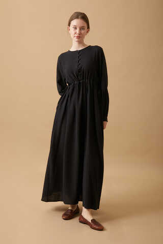 Buttoned Muslin Dress Black - 2