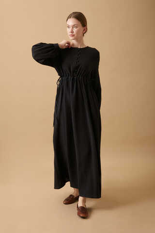 Buttoned Muslin Dress Black - 10