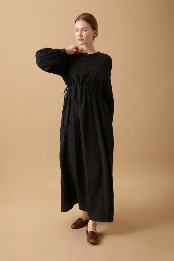 Buttoned Muslin Dress Black - 10