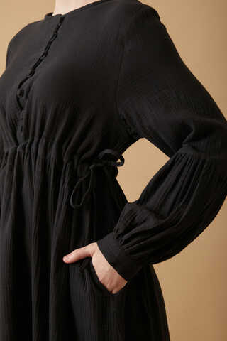 Buttoned Muslin Dress Black - 6