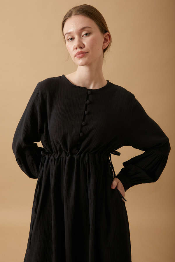 Buttoned Muslin Dress Black - 3