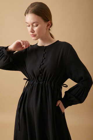 Buttoned Muslin Dress Black - 9