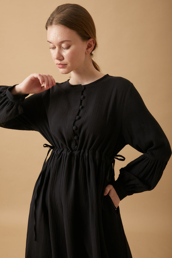 Buttoned Muslin Dress Black - 9