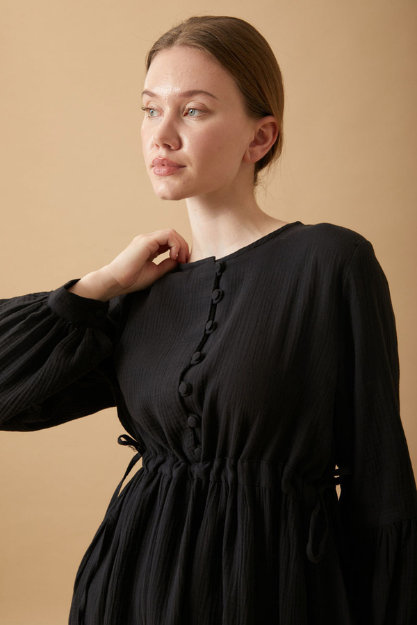 Buttoned Muslin Dress Black - 8