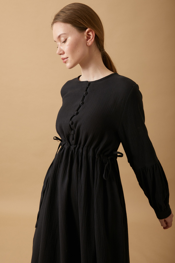 Buttoned Muslin Dress Black - 11