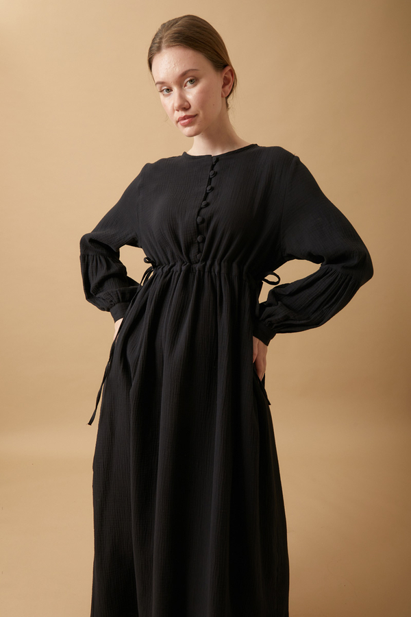 Buttoned Muslin Dress Black - 1