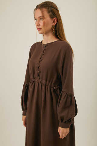 Buttoned Muslin Dress Brown - 4