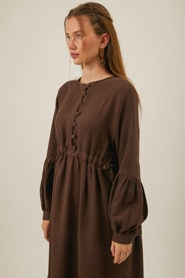 Buttoned Muslin Dress Brown - 4