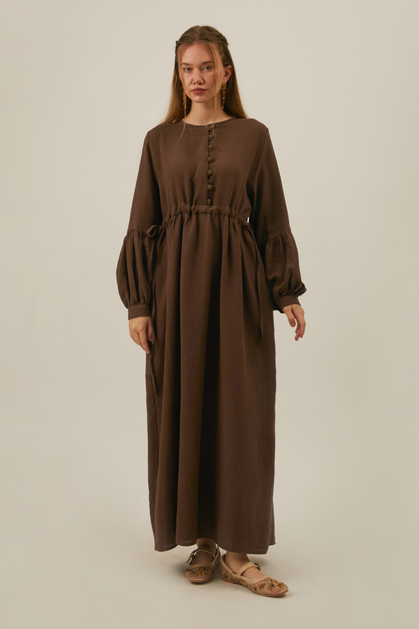 Buttoned Muslin Dress Brown - 1