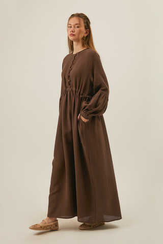 Buttoned Muslin Dress Brown - 3