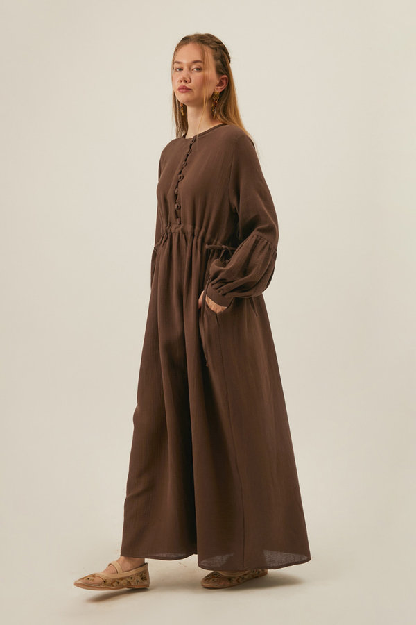 Buttoned Muslin Dress Brown - 3