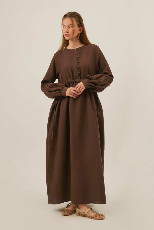 Buttoned Muslin Dress Brown - 5