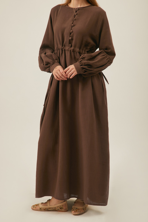 Buttoned Muslin Dress Brown - 6
