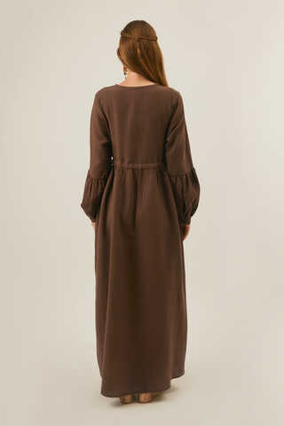Buttoned Muslin Dress Brown - 7