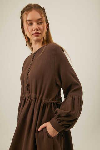 Buttoned Muslin Dress Brown - 2