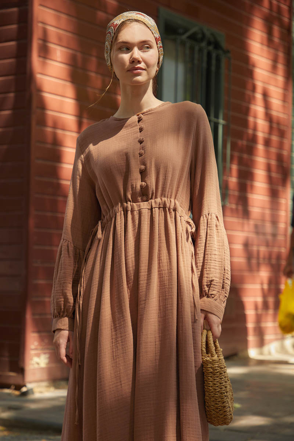 Buttoned Muslin Dress Cinnamon 