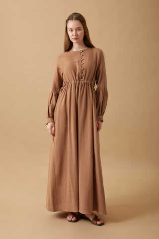 Buttoned Muslin Dress Cinnamon - 11
