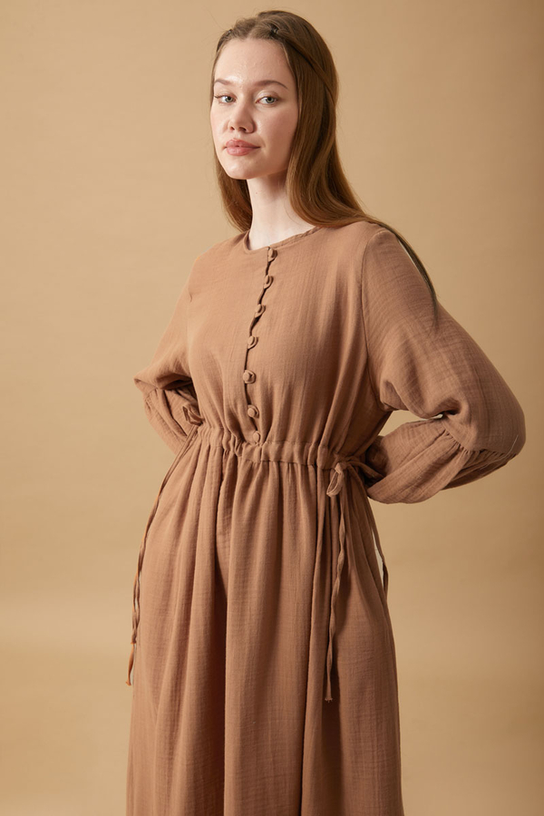 Buttoned Muslin Dress Cinnamon - 12
