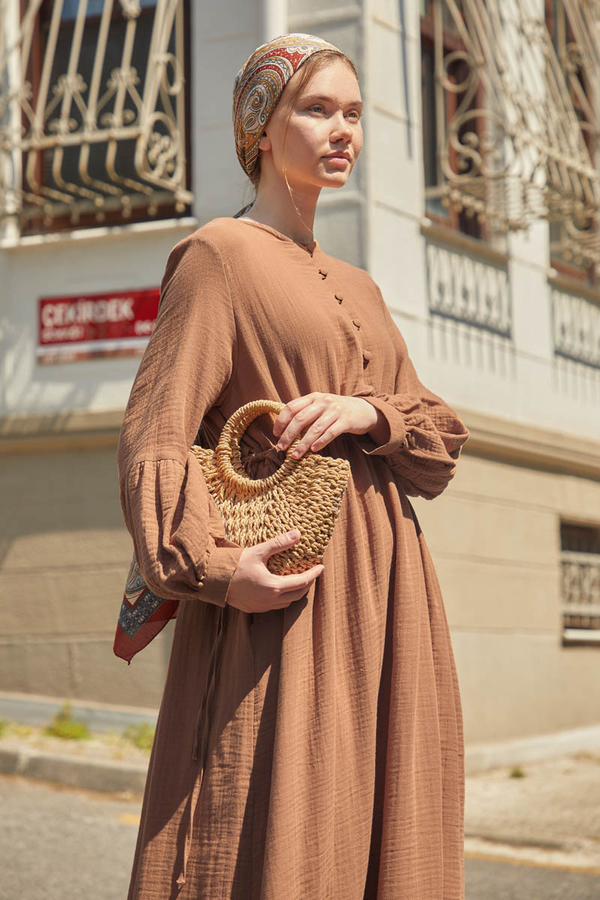 Buttoned Muslin Dress Cinnamon - 7