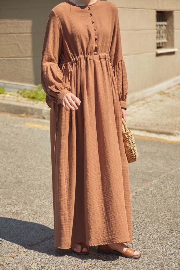 Buttoned Muslin Dress Cinnamon - 4