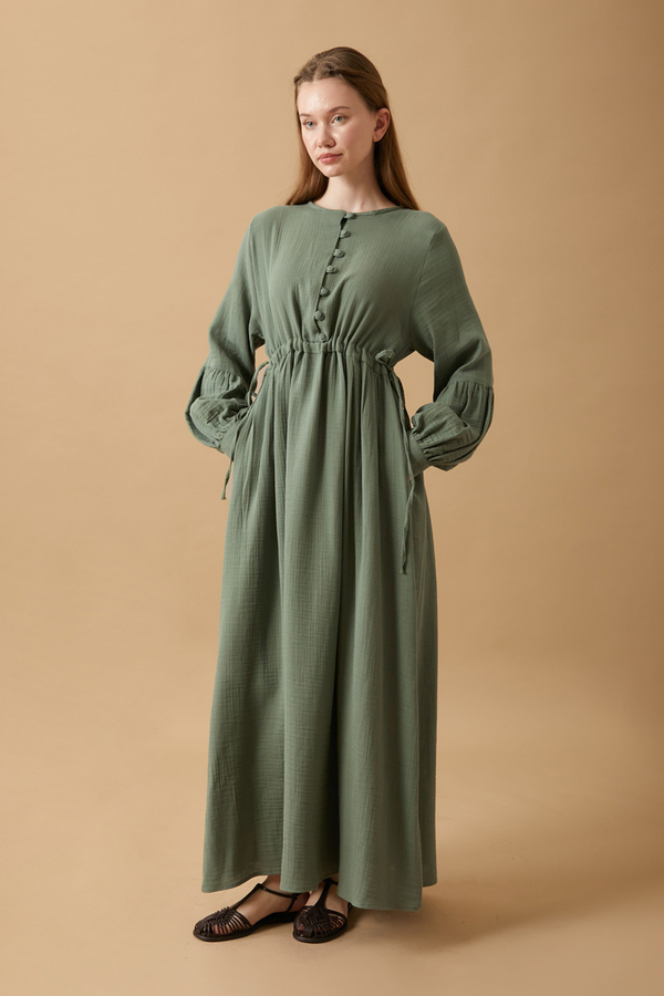 Buttoned Muslin Dress Dark Mint - 10