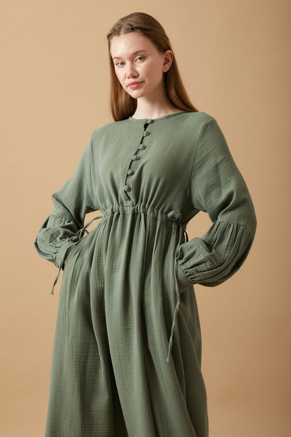 Buttoned Muslin Dress Dark Mint - 9