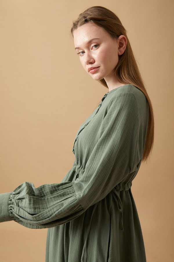 Buttoned Muslin Dress Dark Mint - 15