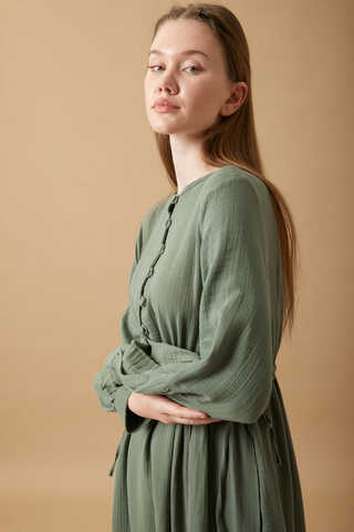 Buttoned Muslin Dress Dark Mint - 11