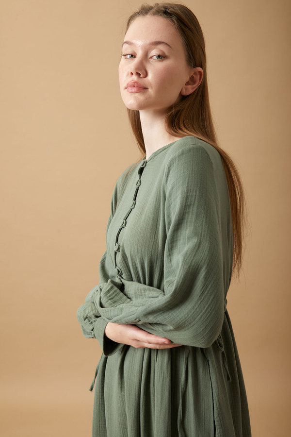 Buttoned Muslin Dress Dark Mint - 11