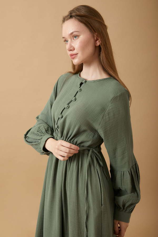 Buttoned Muslin Dress Dark Mint - 16