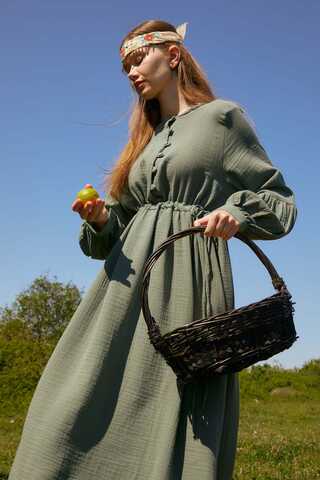 Buttoned Muslin Dress Dark Mint - 6