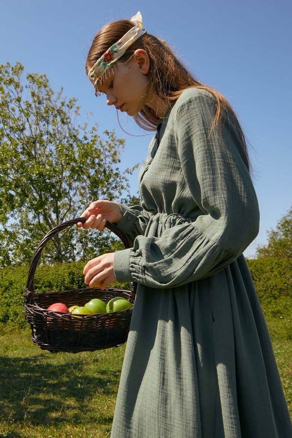 Buttoned Muslin Dress Dark Mint - 7