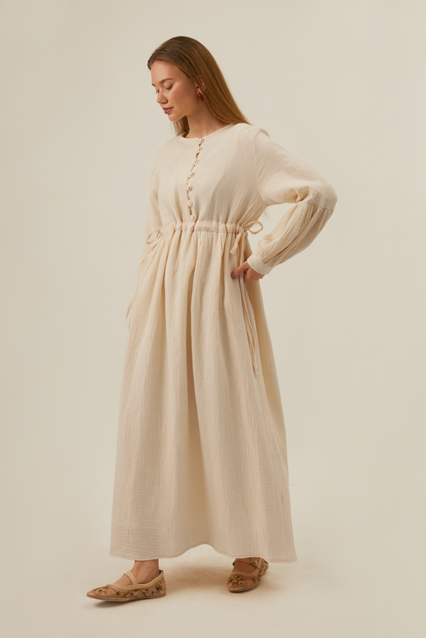 Buttoned Muslin Dress Ecru 