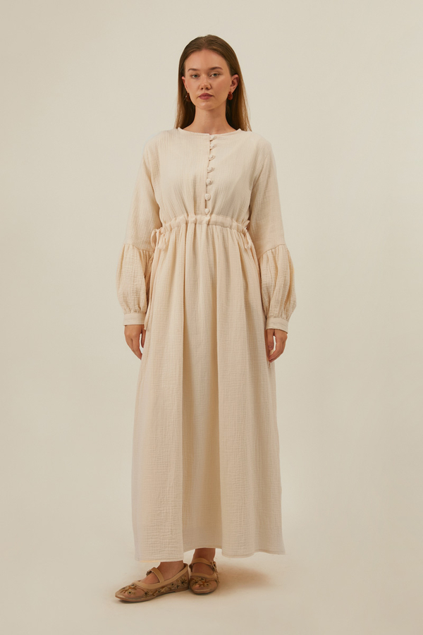 Buttoned Muslin Dress Ecru - 3